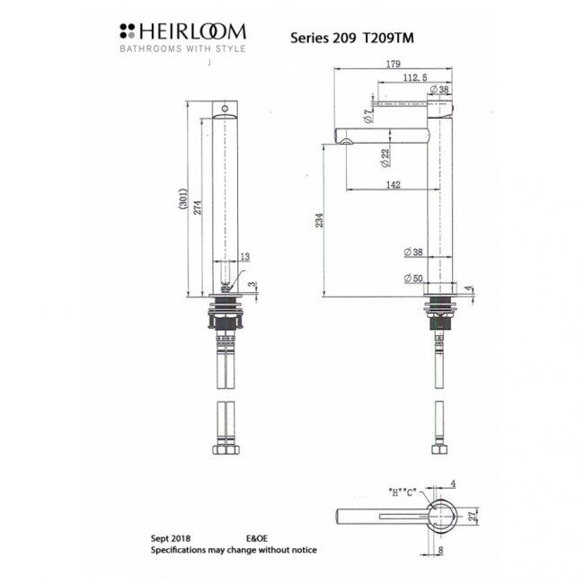 Heirloom 209 Series Tall Basin Mixer - Gunmetal