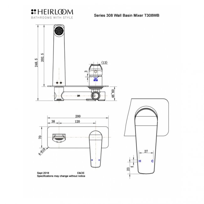Heirloom 308 Series Wall Basin Mixer - Chrome