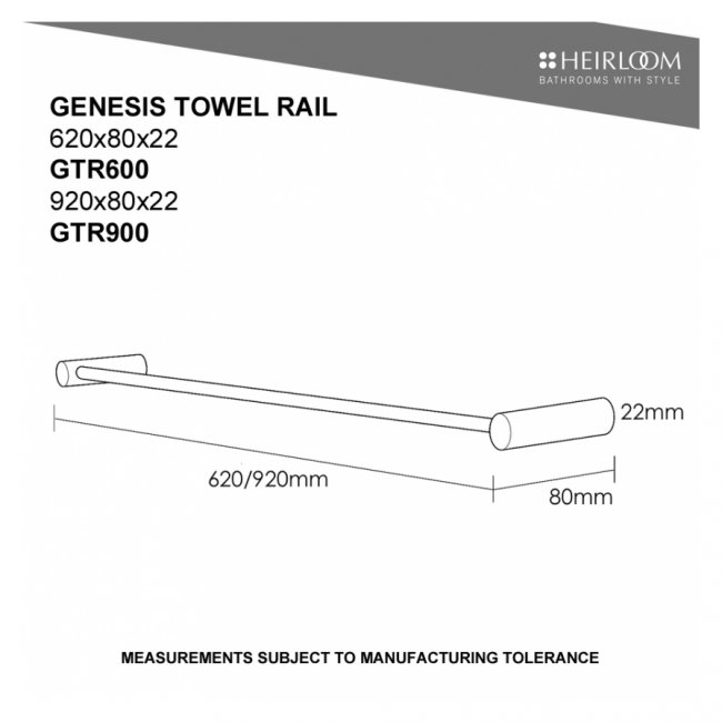Heirloom Genesis Single Towel Rail 900 - Stainless Steel