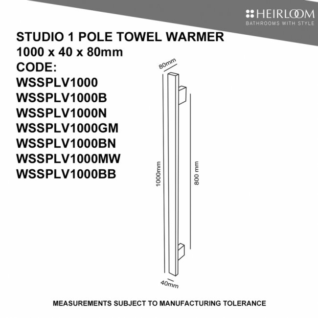 Heirloom Studio Pole 1000 LV (12V) Towel Warmer Rail Brushed Stainless Steel