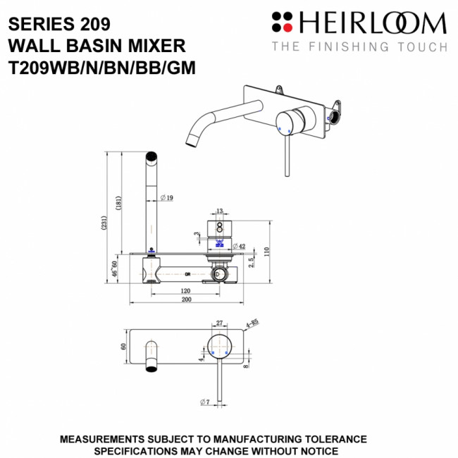 Heirloom 209 Series Wall Basin Set Brushed Brass