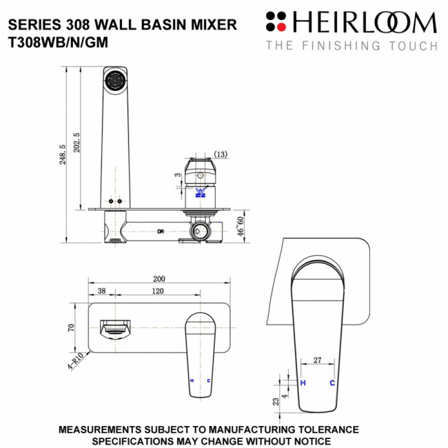 Heirloom 308 Series Wall Basin Mixer Gunmetal