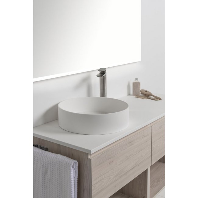VCBC Soft Solid Surface 1300 Wall-Hung Vanity, 2 Drawers, 2 Open Shelves, Double Bowl
