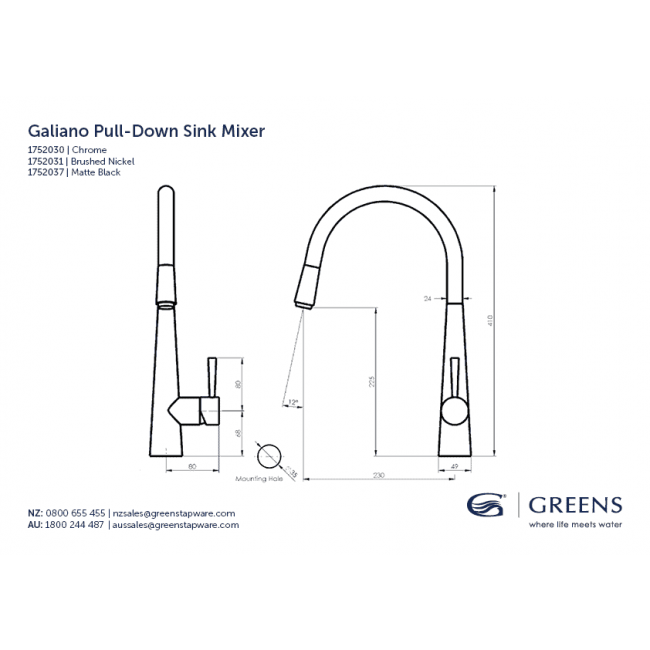 Greens Tapware Galiano Pull-Down Sink Mixer - Brushed Brass