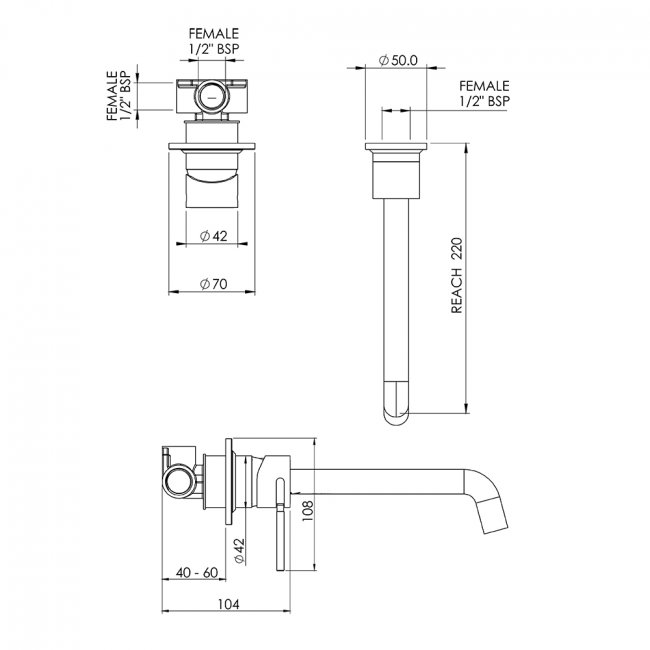 Felton Tate Wall Mounted Basin / Bath Mixer (220mm) - Brushed Gunmetal