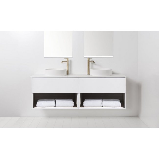 VCBC Soft Solid Surface 1760 Wall-Hung Vanity, 2 Drawers, 2 Open Shelves, Double Bowl