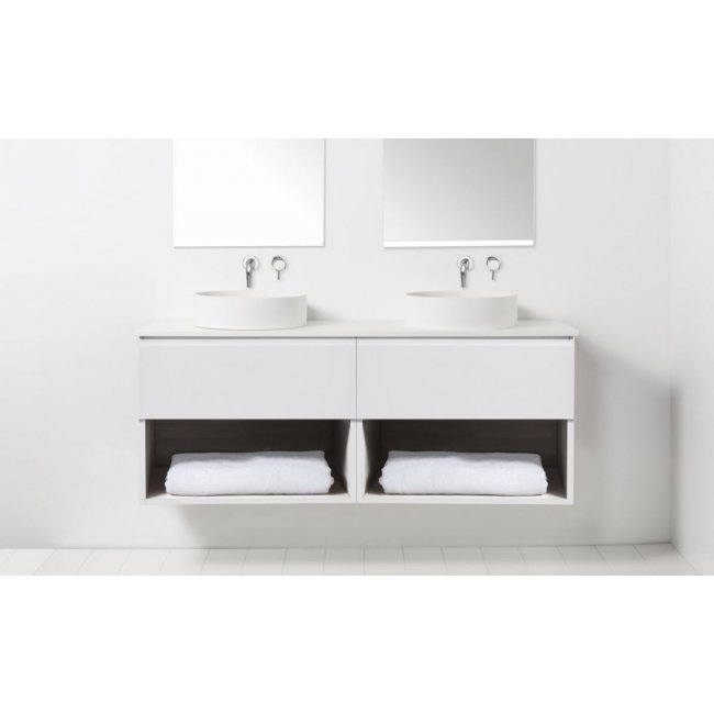VCBC Soft Solid Surface 1550 Wall-Hung Vanity, 2 Drawers, 2 Open Shelves, Double Bowl