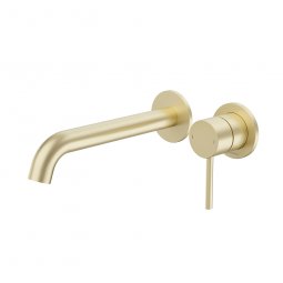 Caroma Liano II 210mm Wall Basin/Bath Mixer - 2x Round Cover Plates - Brushed Brass