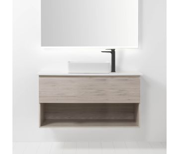 Soft Solid Surface 1000 Wall-Hung Vanity, 1 Drawer, 1 Open Shelf