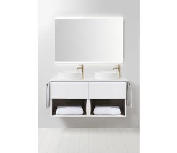 Soft Solid Surface 1300 Wall-Hung Vanity, 2 Drawers, 2 Open Shelves, Double Bowl