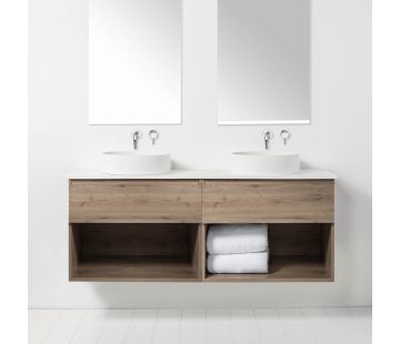 Soft Solid Surface 1550 Wall-Hung Vanity, 2 Drawers, 2 Open Shelves, Double Bowl