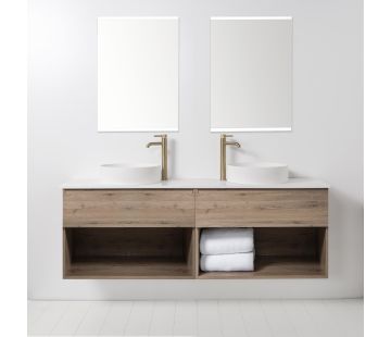 Soft Solid Surface 1760 Wall-Hung Vanity, 2 Drawers, 2 Open Shelves, Double Bowl