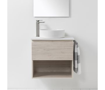 Soft Solid Surface 650 Wall-Hung Vanity, 1 Drawer, 1 Open Shelf
